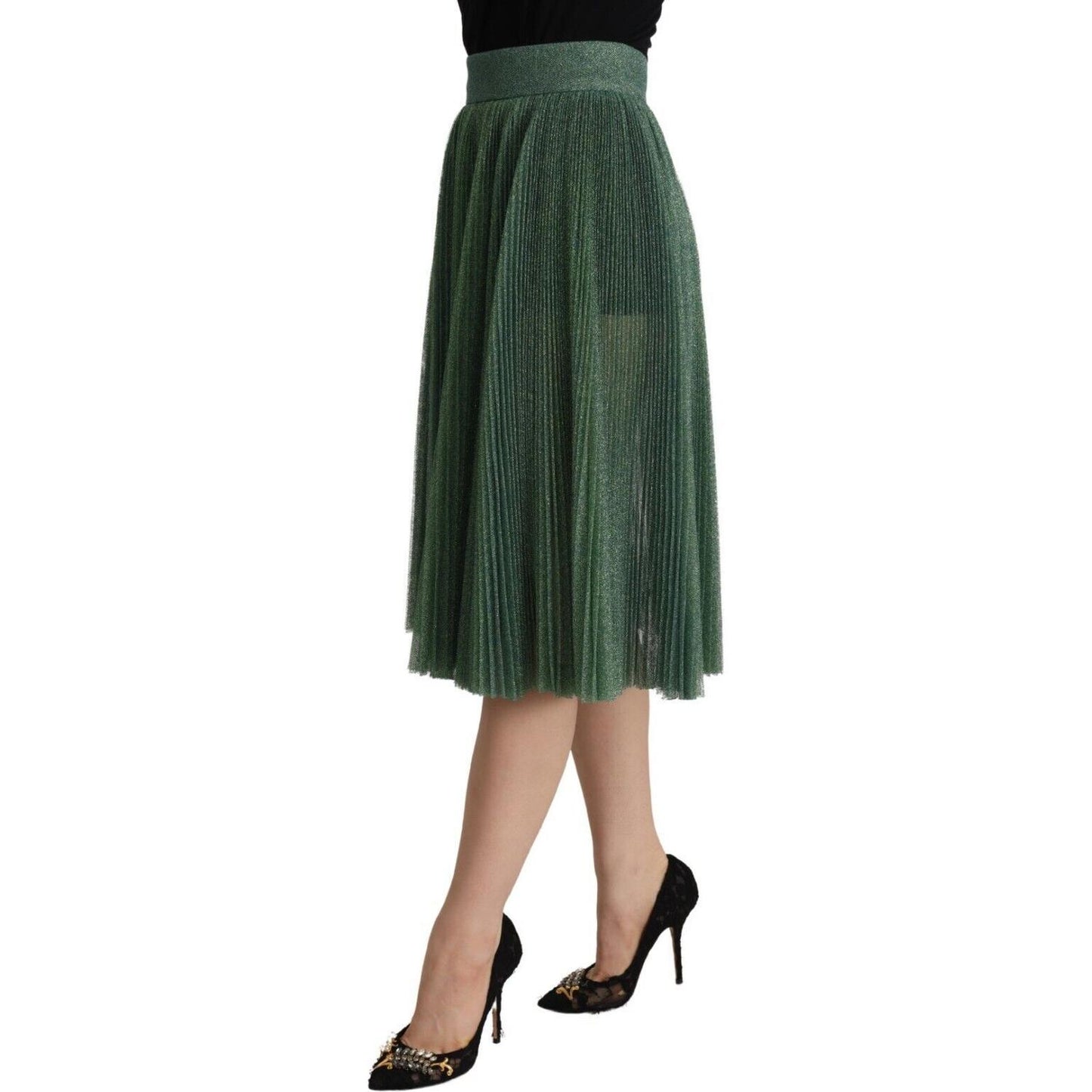 Dolce & Gabbana Metallic Green Pleated A-Line Midi Skirt Dolce & Gabbana