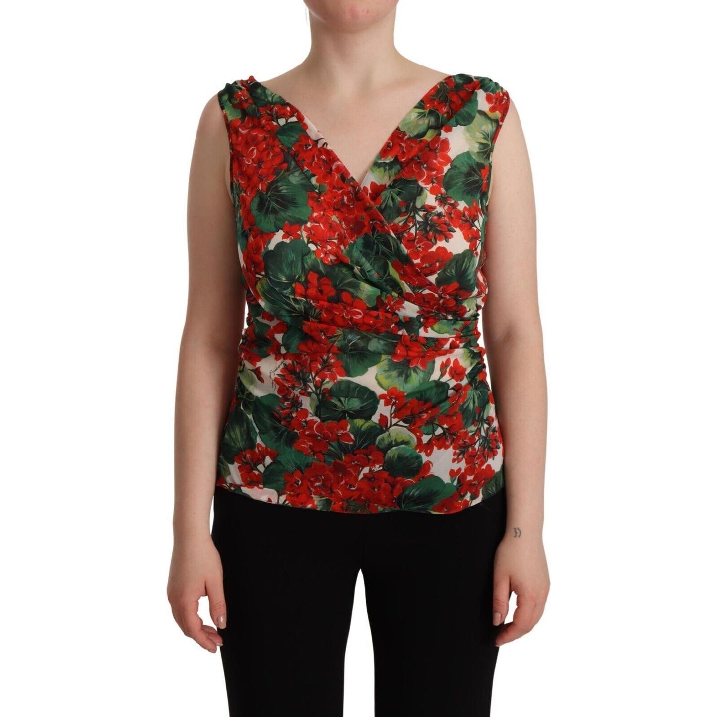 Dolce & Gabbana Elegant V-Neck Geranium Print Silk Tank Top Dolce & Gabbana