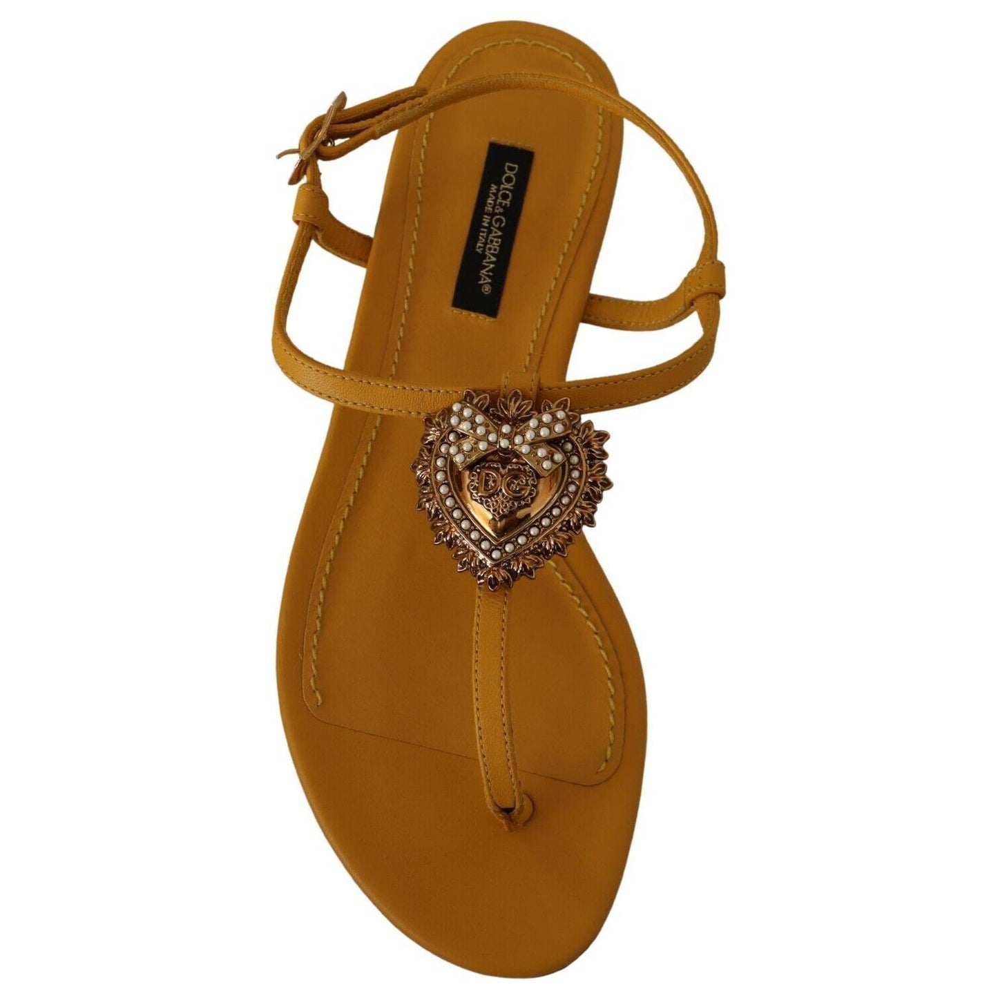 Dolce & Gabbana Mustard T-Strap Flat Sandals with Heart Embellishment Dolce & Gabbana