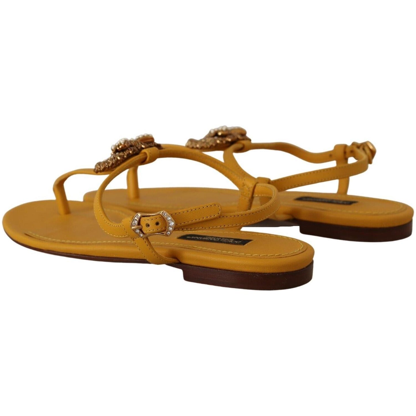 Dolce & Gabbana Mustard T-Strap Flat Sandals with Heart Embellishment Dolce & Gabbana