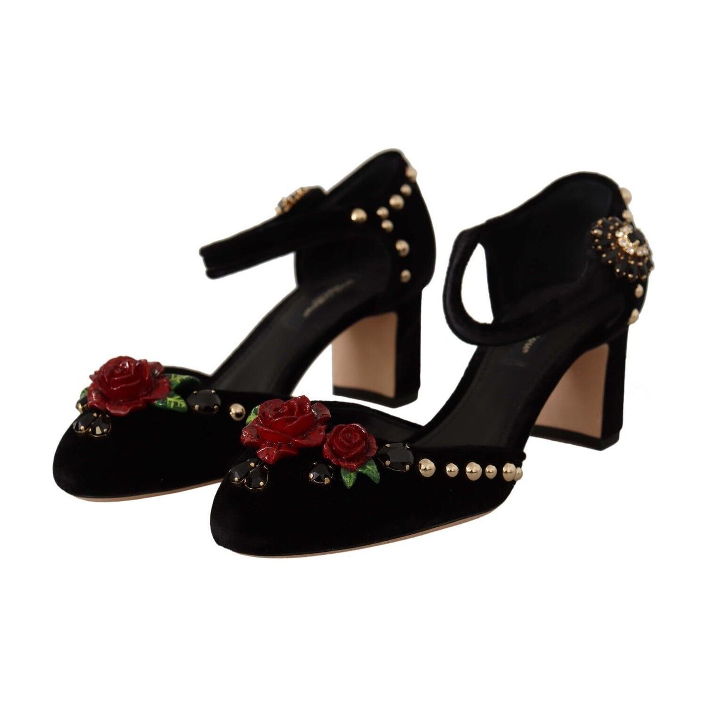 Dolce & Gabbana Black Crystal Rose Heel Sandals Dolce & Gabbana