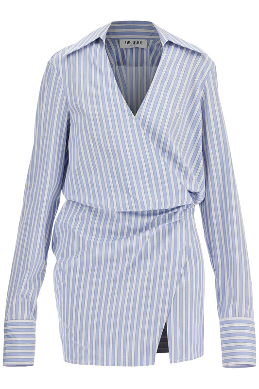 The Attico mini striped dress with v-neck*** long sleeves*** white and navy blue cotton*** tied waist Dresses The Attico