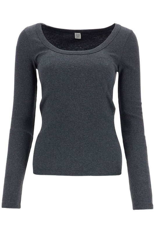 Toteme organic cotton charcoal melange ribbed top with wide neck Topwear Toteme