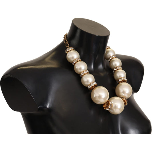 Dolce & Gabbana Elegant Faux Pearl Charm Necklace with Crystal Accents Necklace Dolce & Gabbana