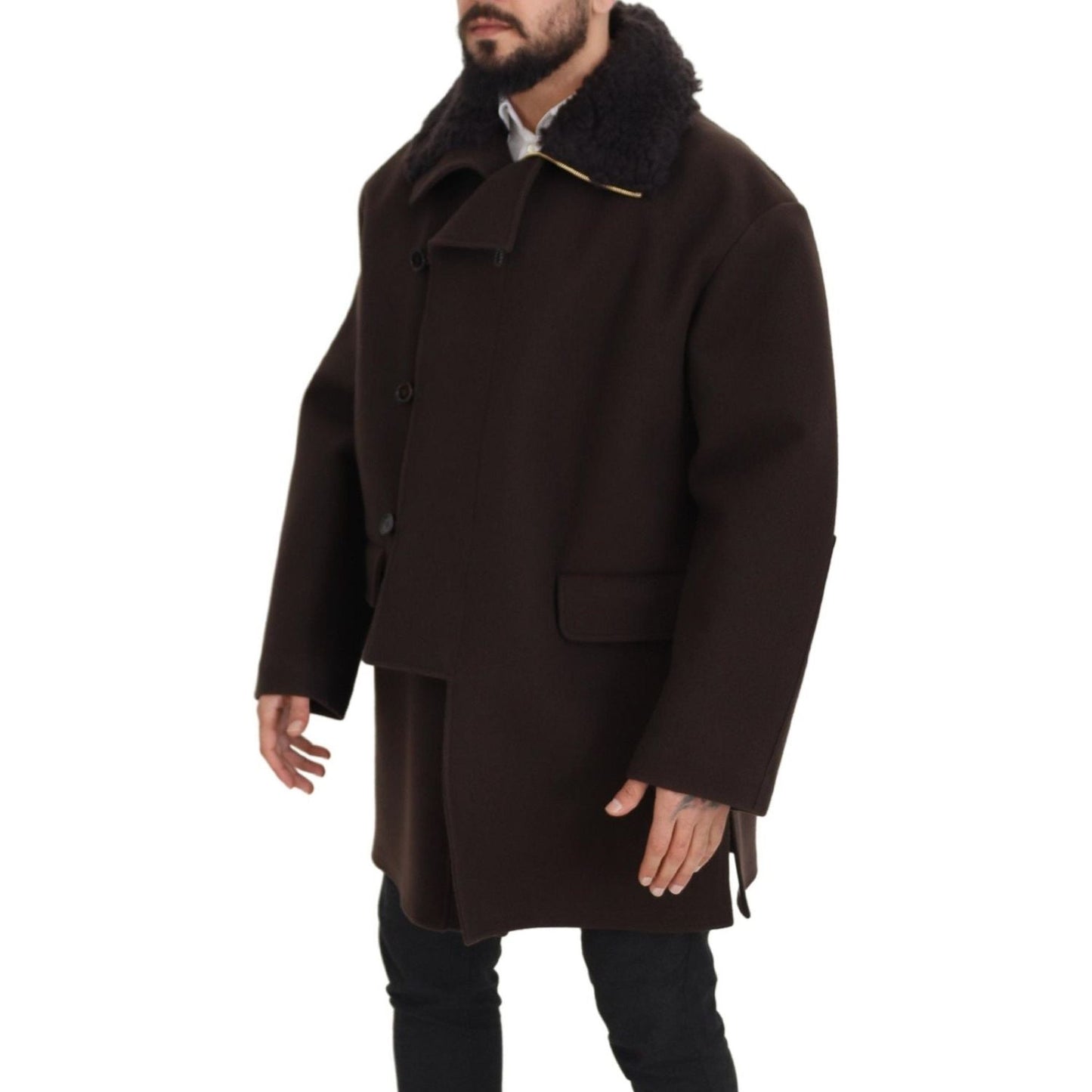 Dolce & Gabbana Elegant Dark Brown Shearling Coat Jacket Dolce & Gabbana