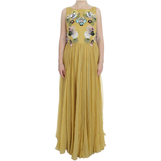 Dolce & Gabbana Enchanting Yellow Silk Floral Appliqué Gown Dolce & Gabbana