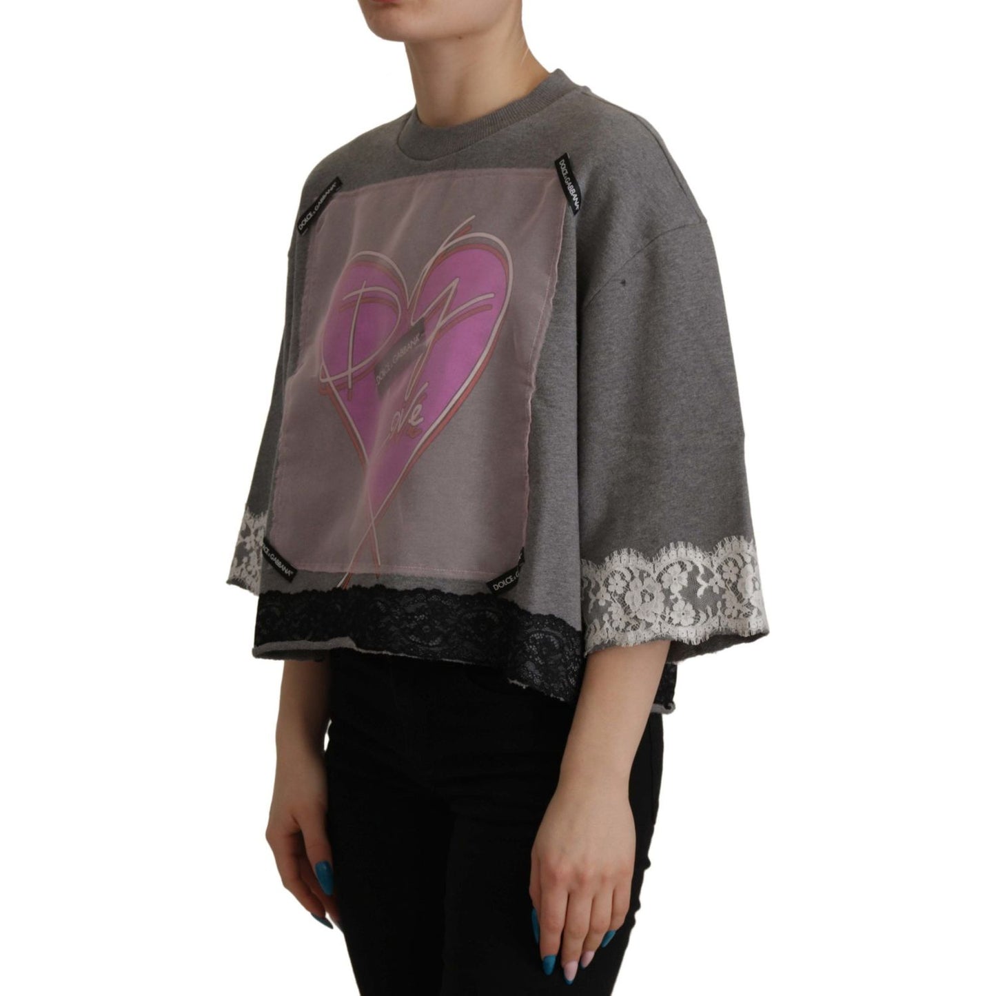 Dolce & Gabbana Chic Grey Cotton Heart Tee with Bell Sleeves Dolce & Gabbana