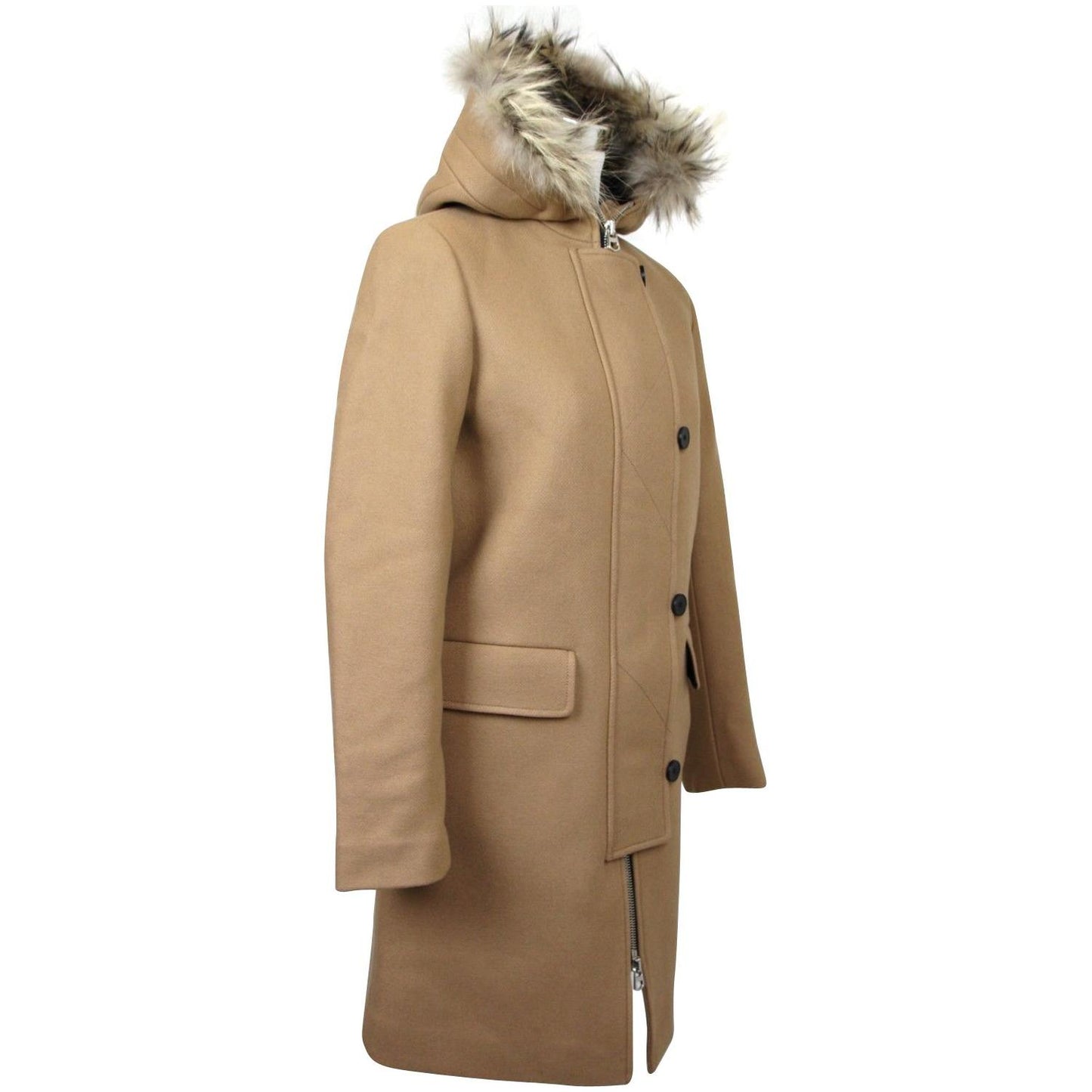 Sandro Women's Camel Kurt Wool Coat Fur Trim Hood Sandro