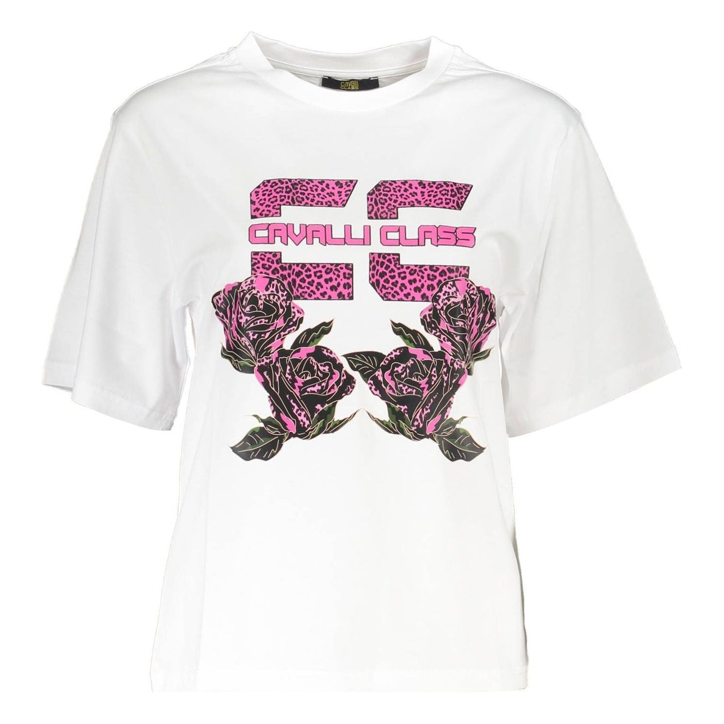 Cavalli Class Chic White Printed Cotton Tee with Designer Flair Cavalli Class