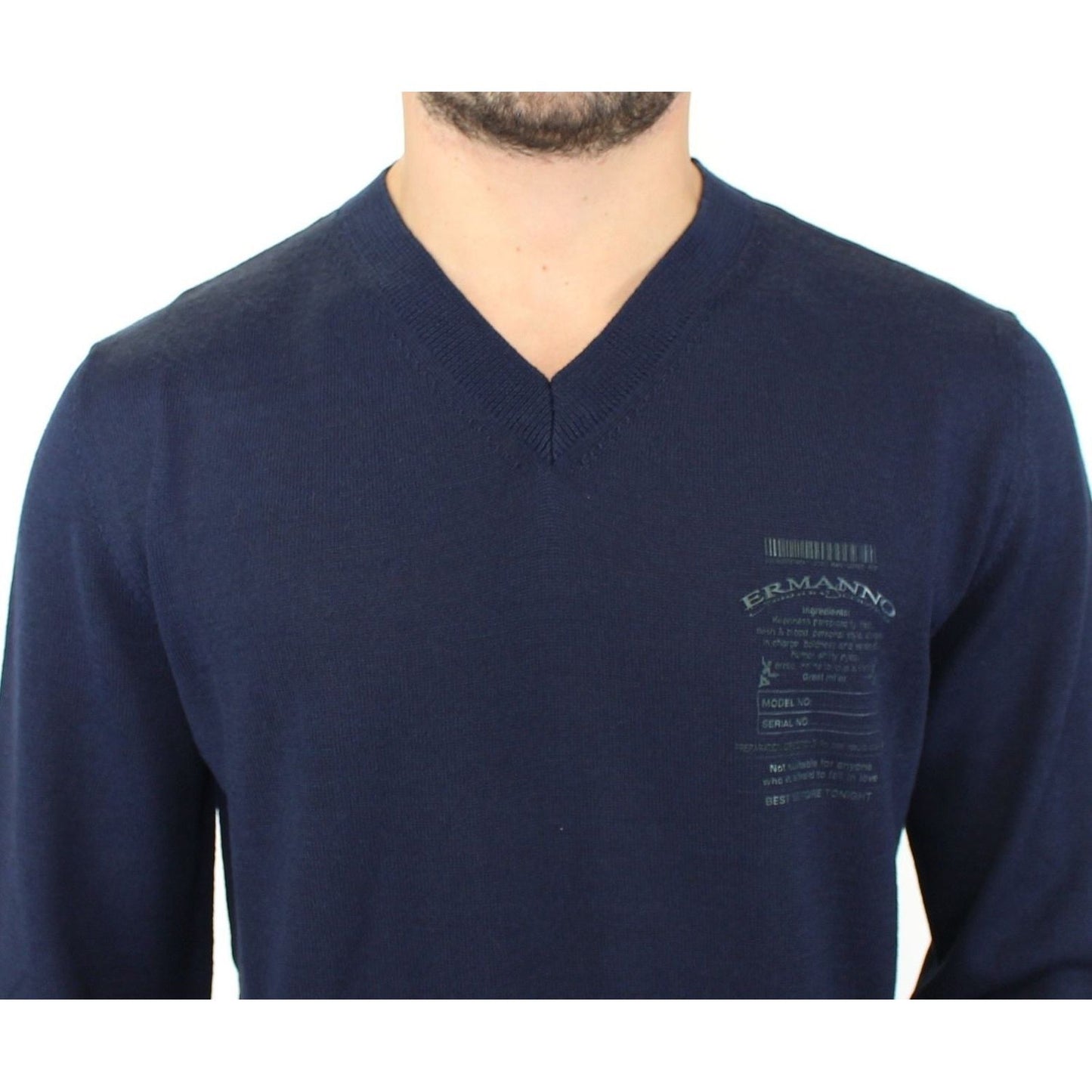 Ermanno Scervino Elegant Blue V-Neck Wool Blend Pullover Ermanno Scervino