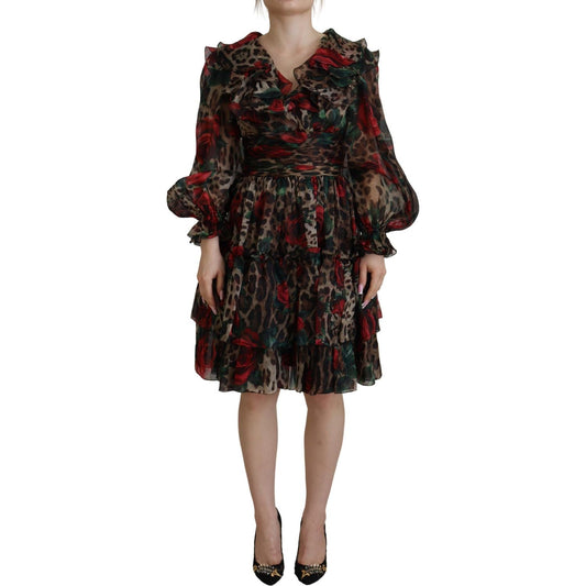 Dolce & Gabbana Silk Leopard Print & Red Roses Dress WOMAN DRESSES Dolce & Gabbana