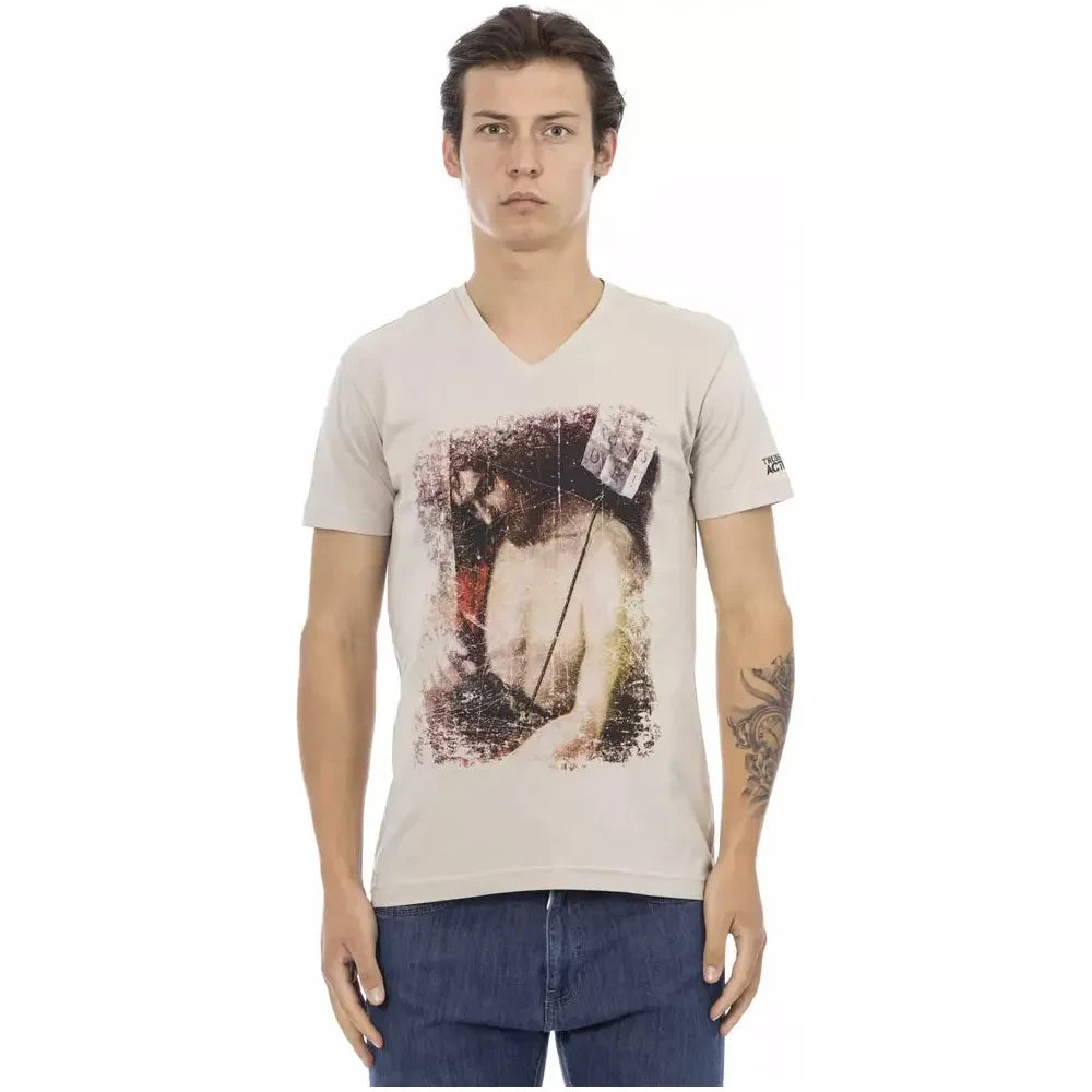 Trussardi Action Beige Cotton Men V-Neck T-Shirt Trussardi Action