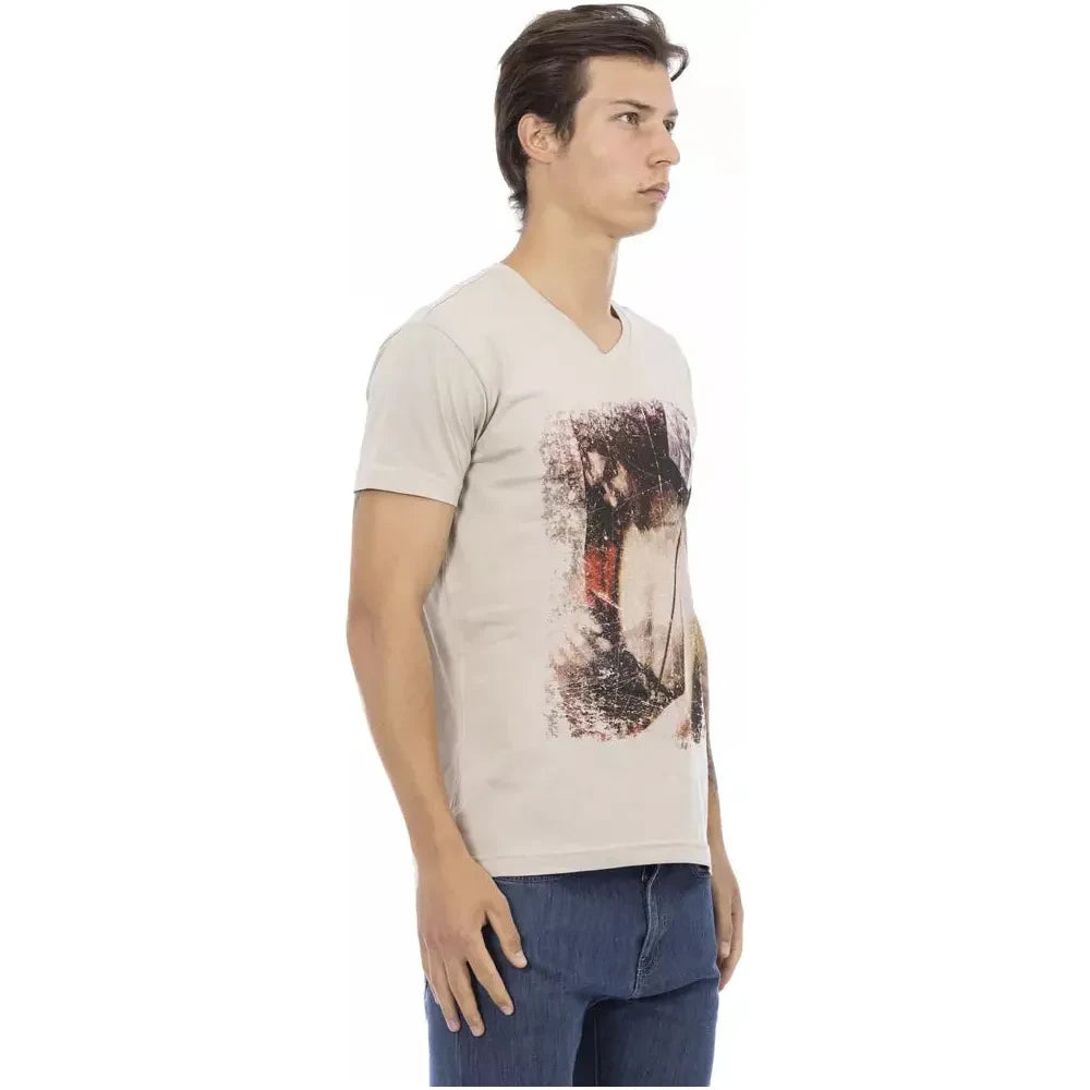 Trussardi Action Beige Cotton Men V-Neck T-Shirt Trussardi Action