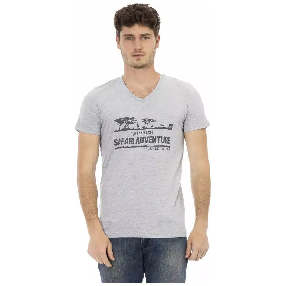 Trussardi Action Gray Cotton Men V-Neck T-Shirt