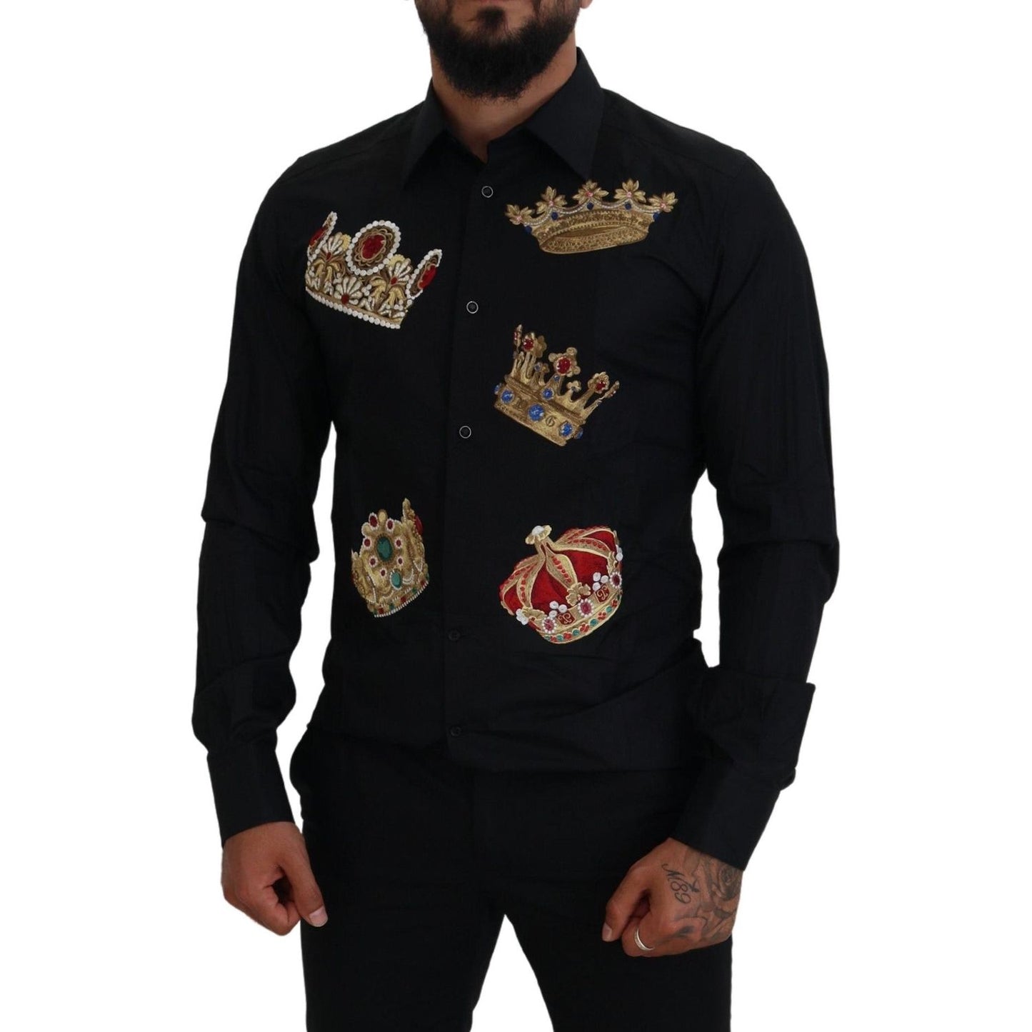 Dolce & Gabbana Elegant Black Slim Fit Dress Shirt with Crown Embroidery Dolce & Gabbana