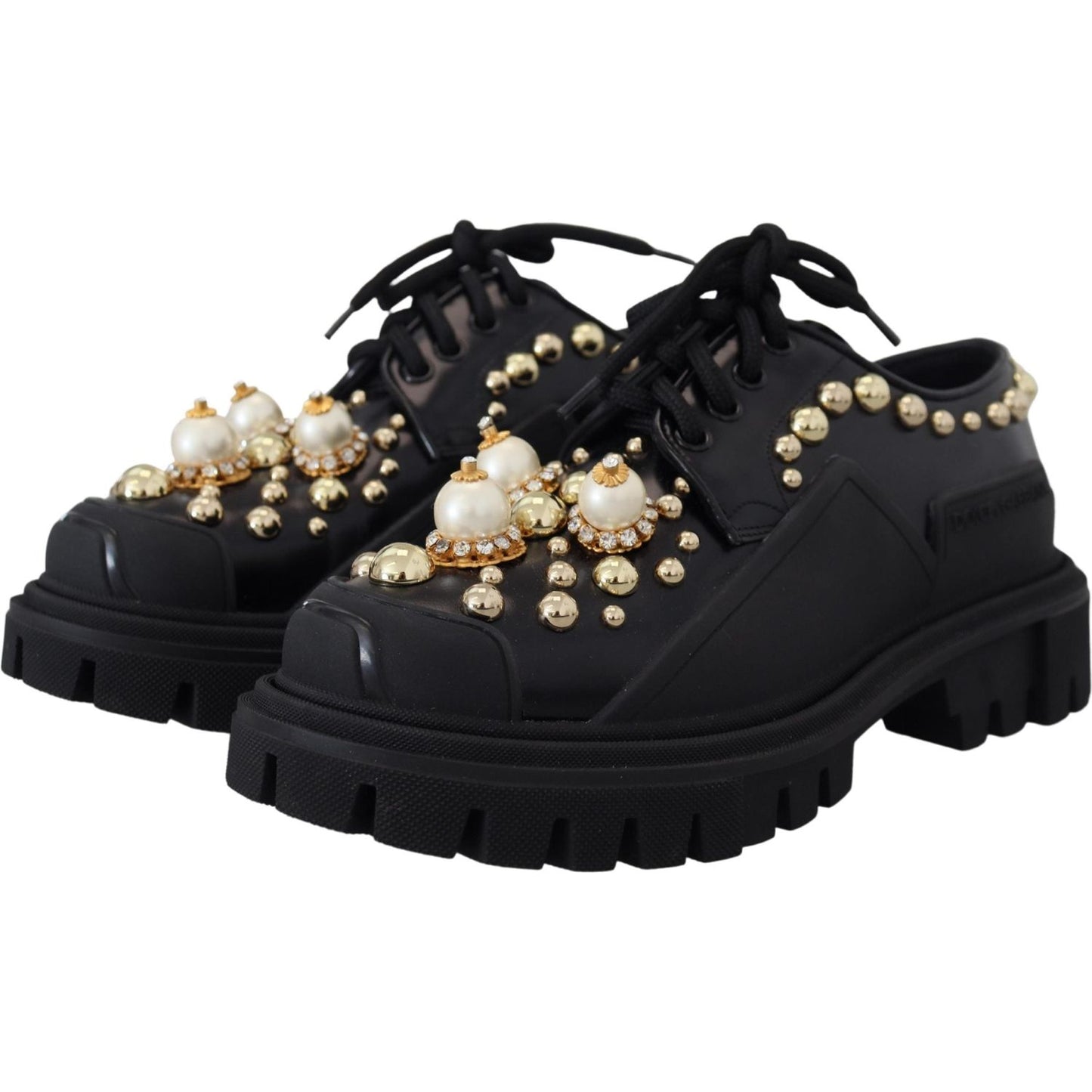 Dolce & Gabbana Timeless Black Leather Derby Flats with Glam Accents Dolce & Gabbana