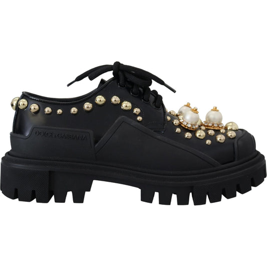 Dolce & Gabbana Timeless Black Leather Derby Flats with Glam Accents Dolce & Gabbana