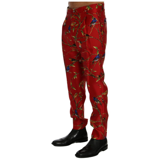 Dolce & Gabbana Elegant Silk Dress Trousers in Red Bird Print Dolce & Gabbana