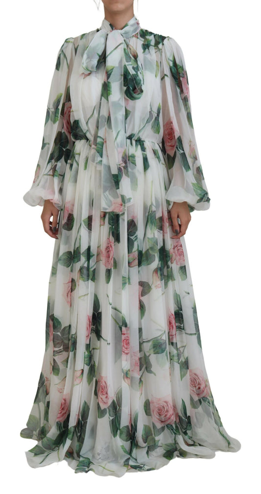 Dolce & Gabbana Elegant White Silk Maxi Dress with Rose Print Dolce & Gabbana