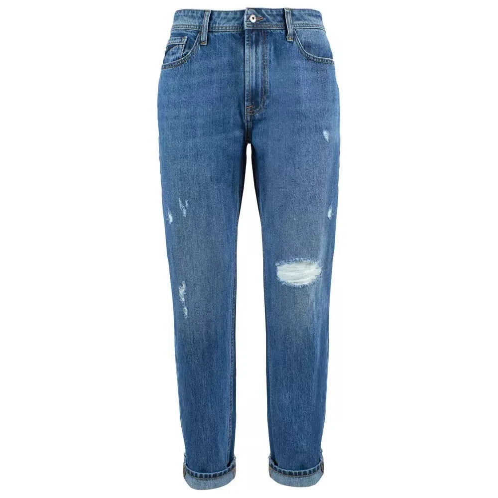 Yes Zee Timeless Blue Distressed Cotton Denim Yes Zee