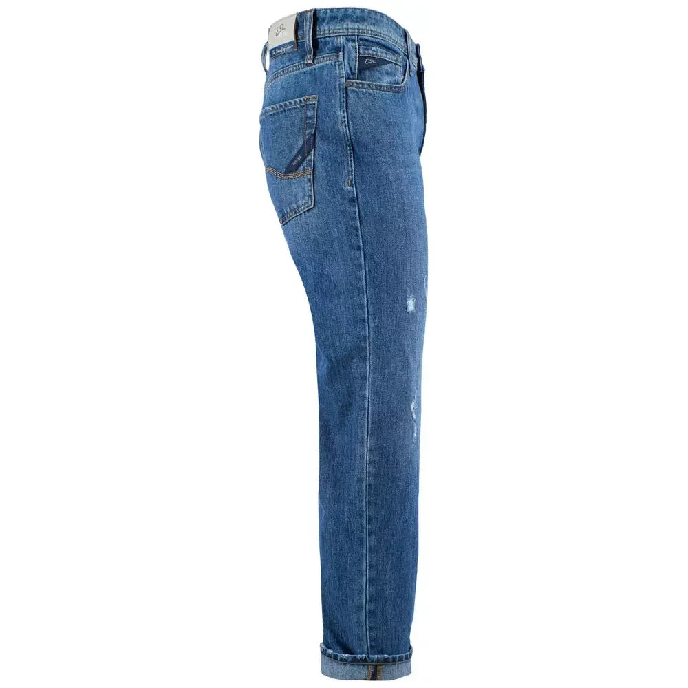 Yes Zee Timeless Blue Distressed Cotton Denim Yes Zee