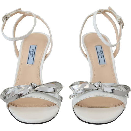 Prada Elegant Silver-White Leather Strap Heels Prada