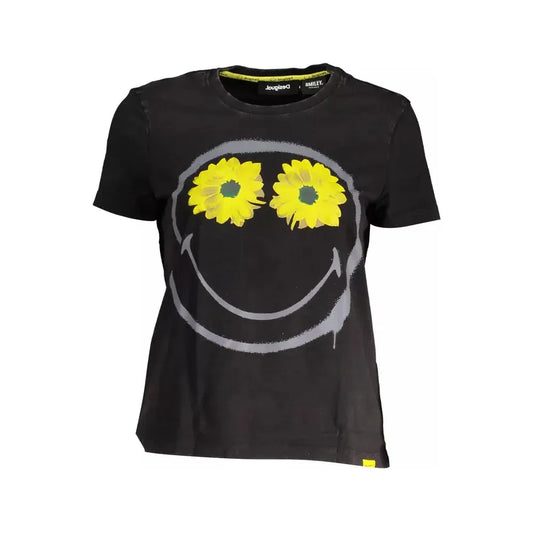 Desigual Chic Black Printed Cotton Tee with Logo Desigual