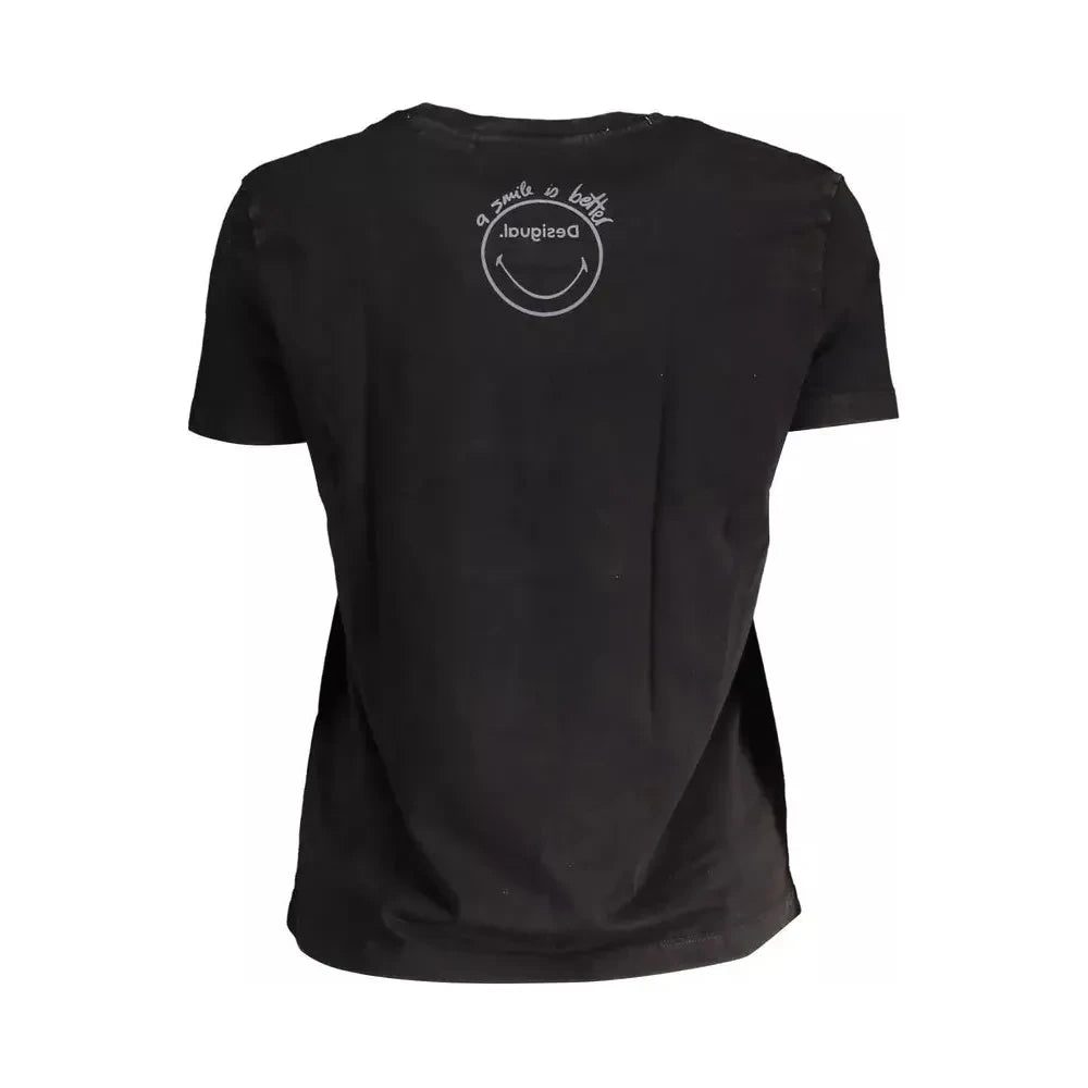 Desigual Chic Black Printed Cotton Tee with Logo Desigual