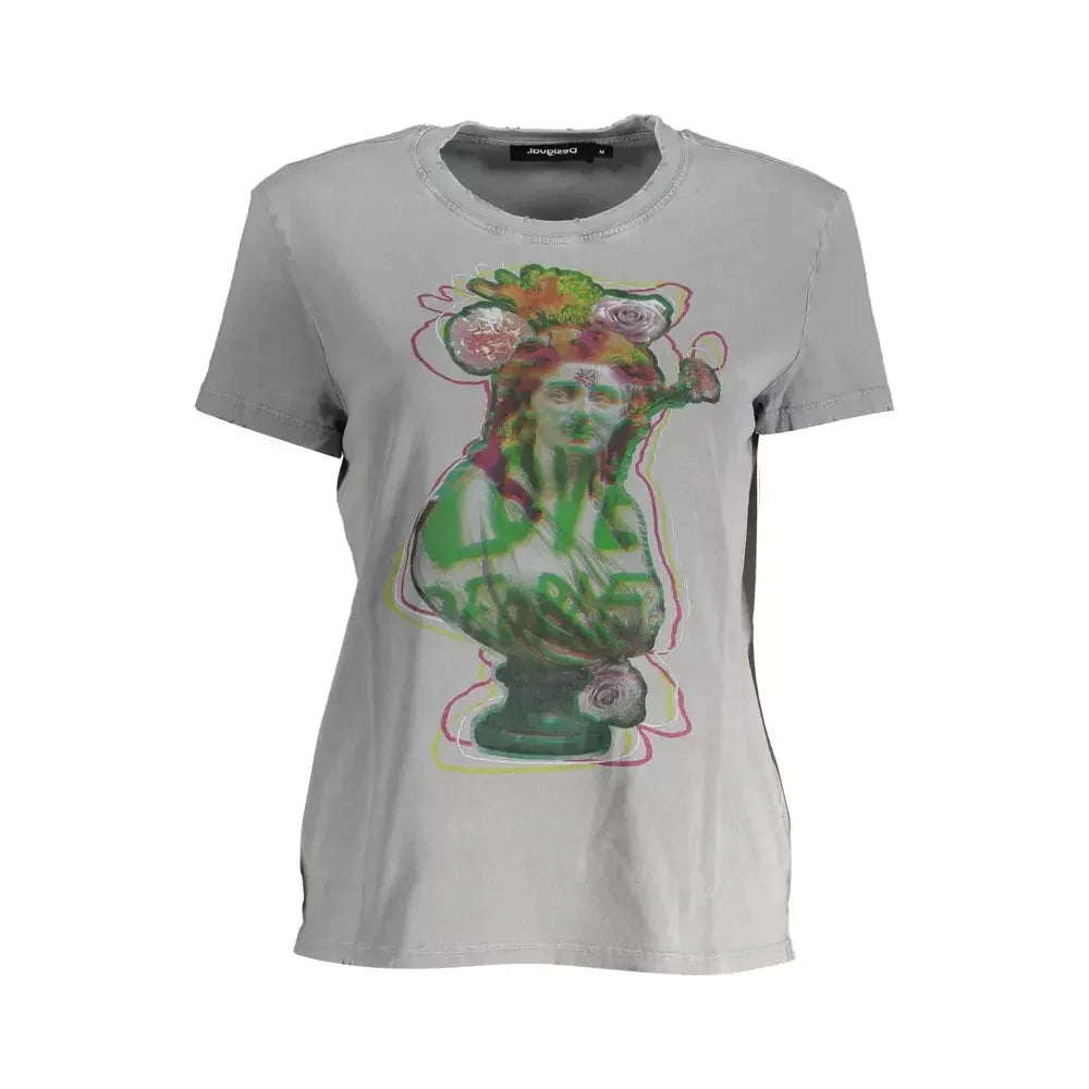 Desigual Chic Gray Printed Cotton Tee with Logo Desigual