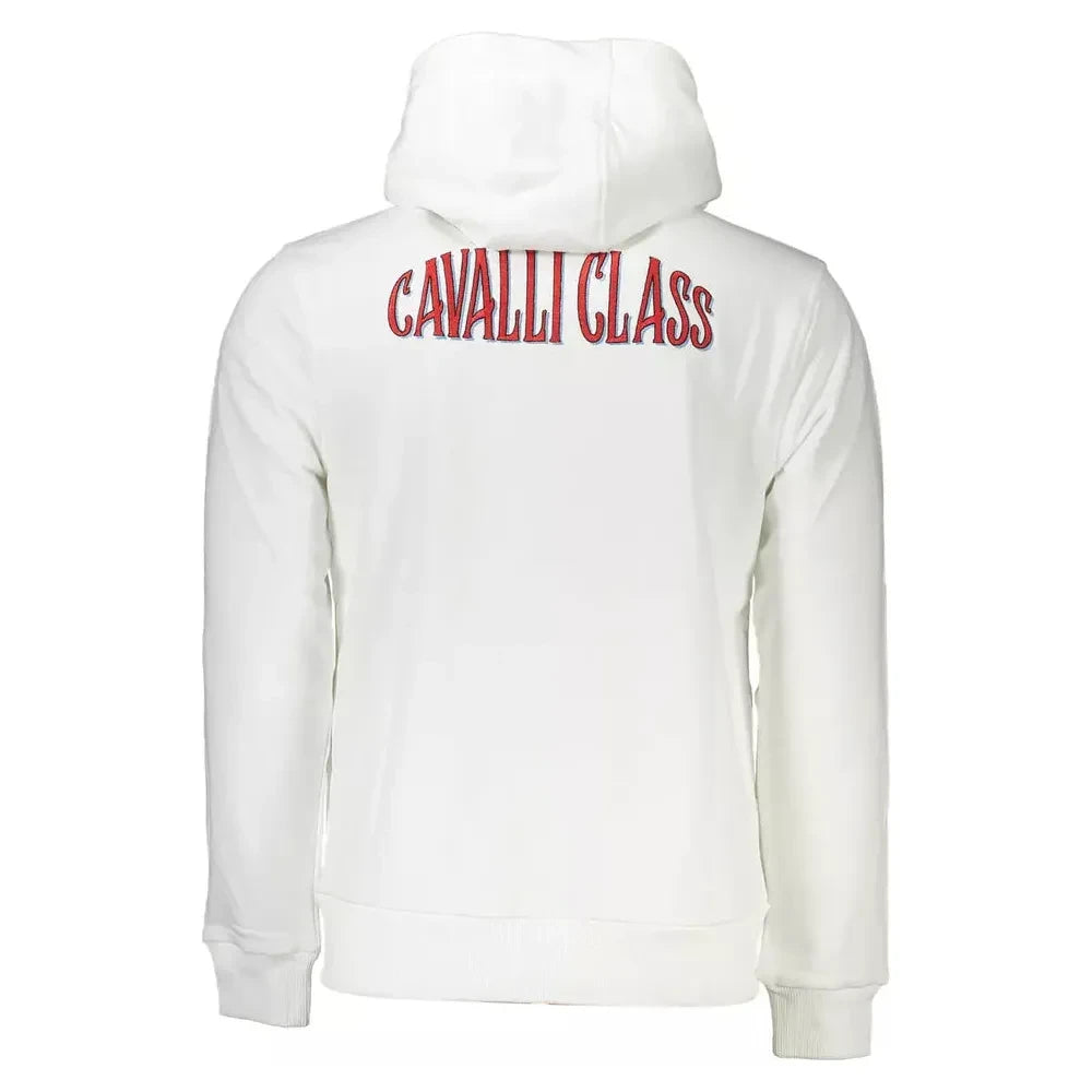 Cavalli Class Elegant White Hooded Sweatshirt with Embroidery Detail Cavalli Class