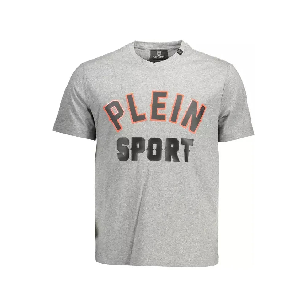 Plein Sport Sleek Gray Cotton Tee with Bold Details Plein Sport