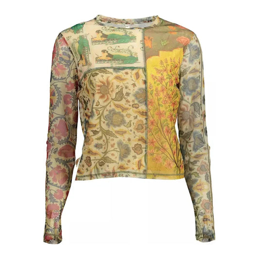 Desigual Elegant Beige Long Sleeve Printed T-Shirt Desigual