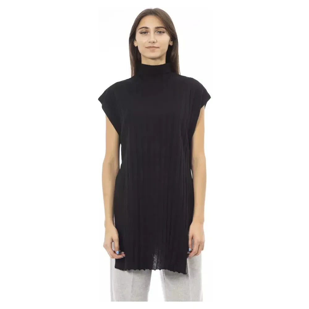 Alpha Studio Black Wool Women Sweater with Turtleneck and Side Slits Alpha Studio