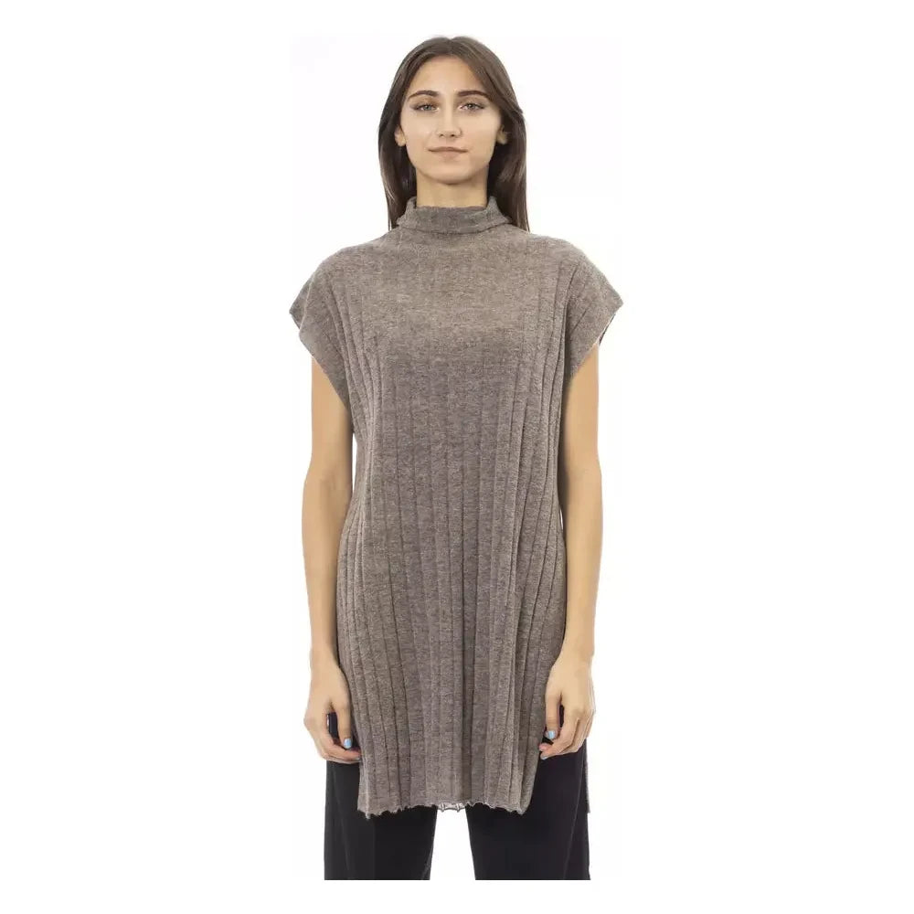 Alpha Studio Brown Wool Women Sweater With Turtleneck and Side Slits Alpha Studio