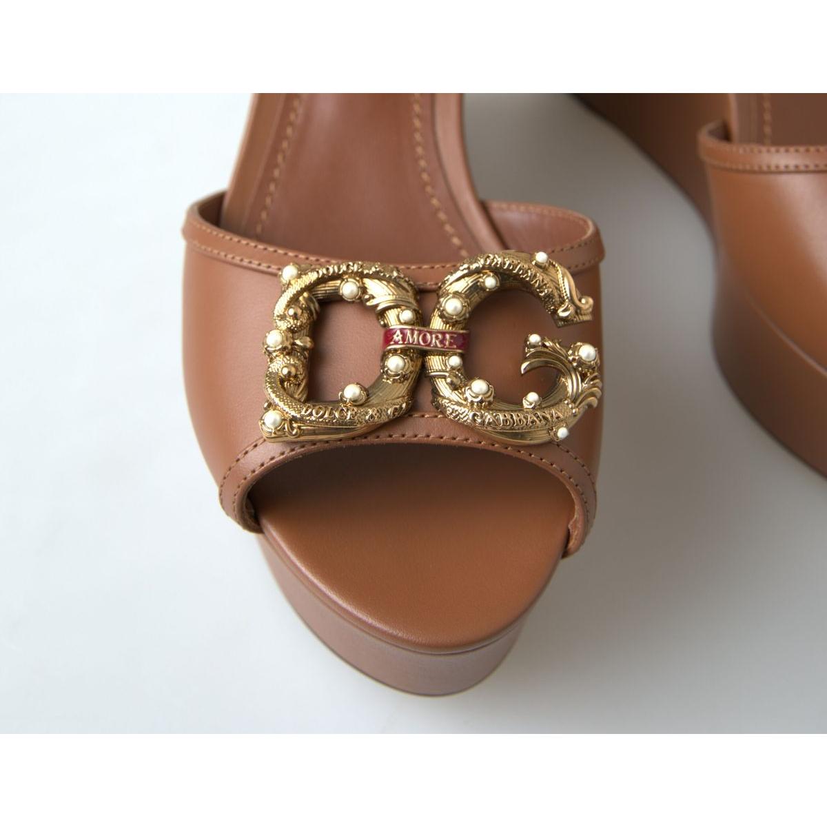 Dolce & Gabbana Chic Brown Leather Ankle Strap Wedges Dolce & Gabbana