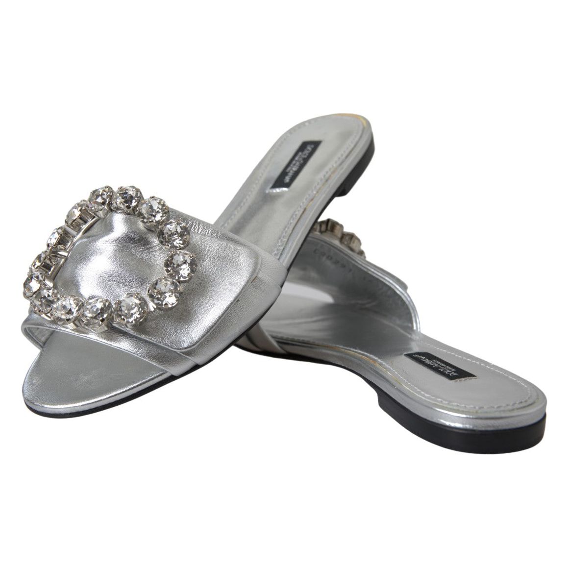 Dolce & Gabbana Crystal-Embellished Silver Leather Slides Dolce & Gabbana