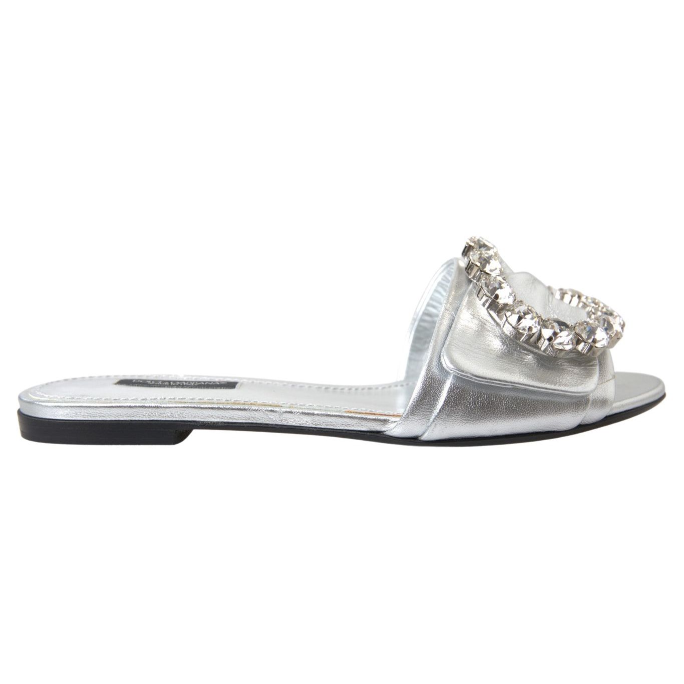 Dolce & Gabbana Crystal-Embellished Silver Leather Slides Dolce & Gabbana