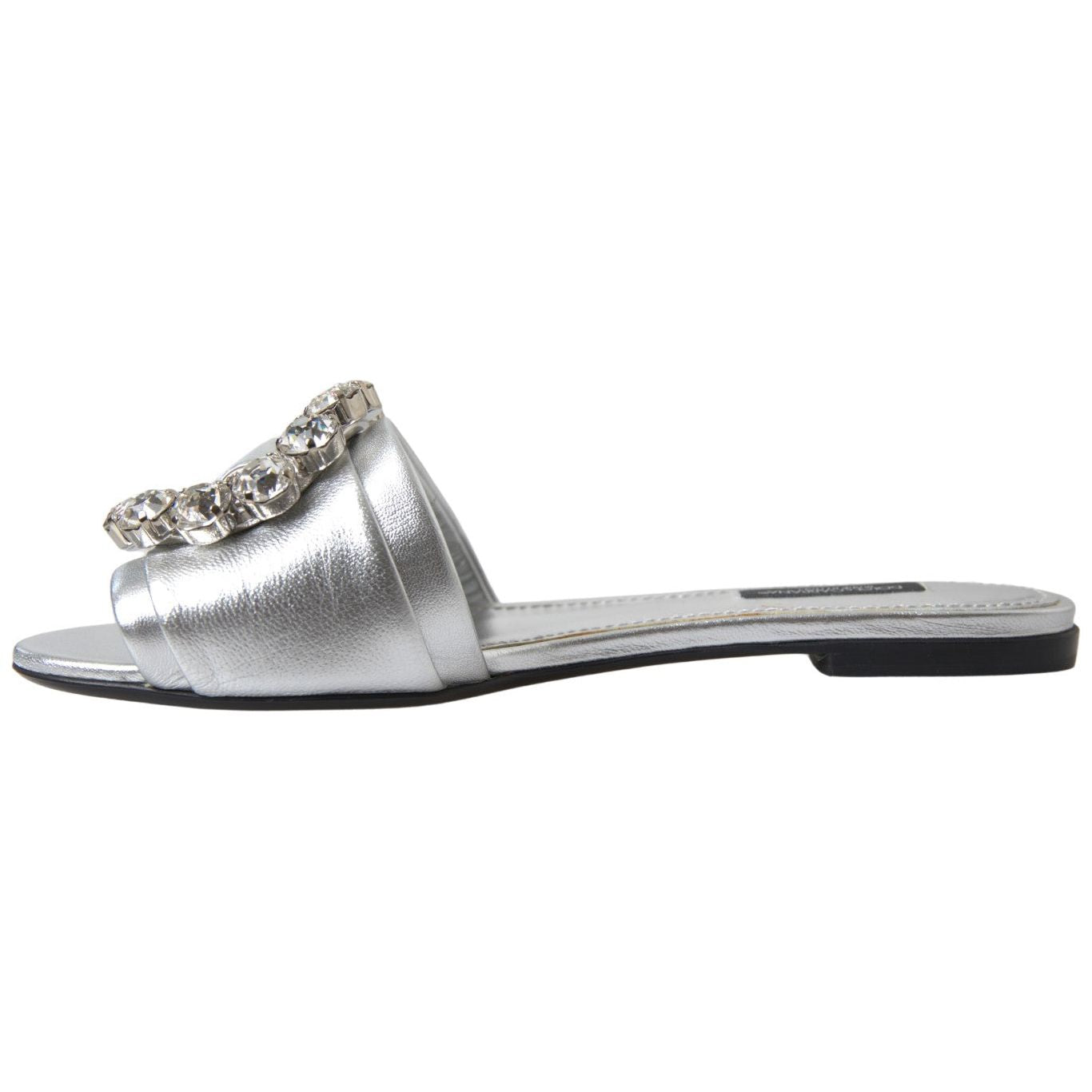 Dolce & Gabbana Crystal-Embellished Silver Leather Slides Dolce & Gabbana