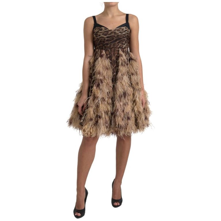 Dolce & Gabbana Sleeveless Leopard Chiffon Ostrich-Feather Dress Dolce & Gabbana