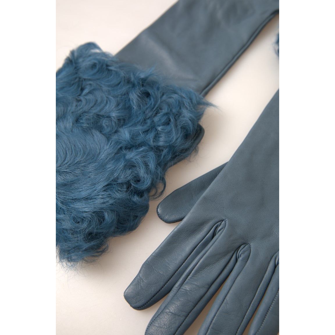 Dolce & Gabbana Elegant Blue Leather Gloves with Fur Trim Dolce & Gabbana