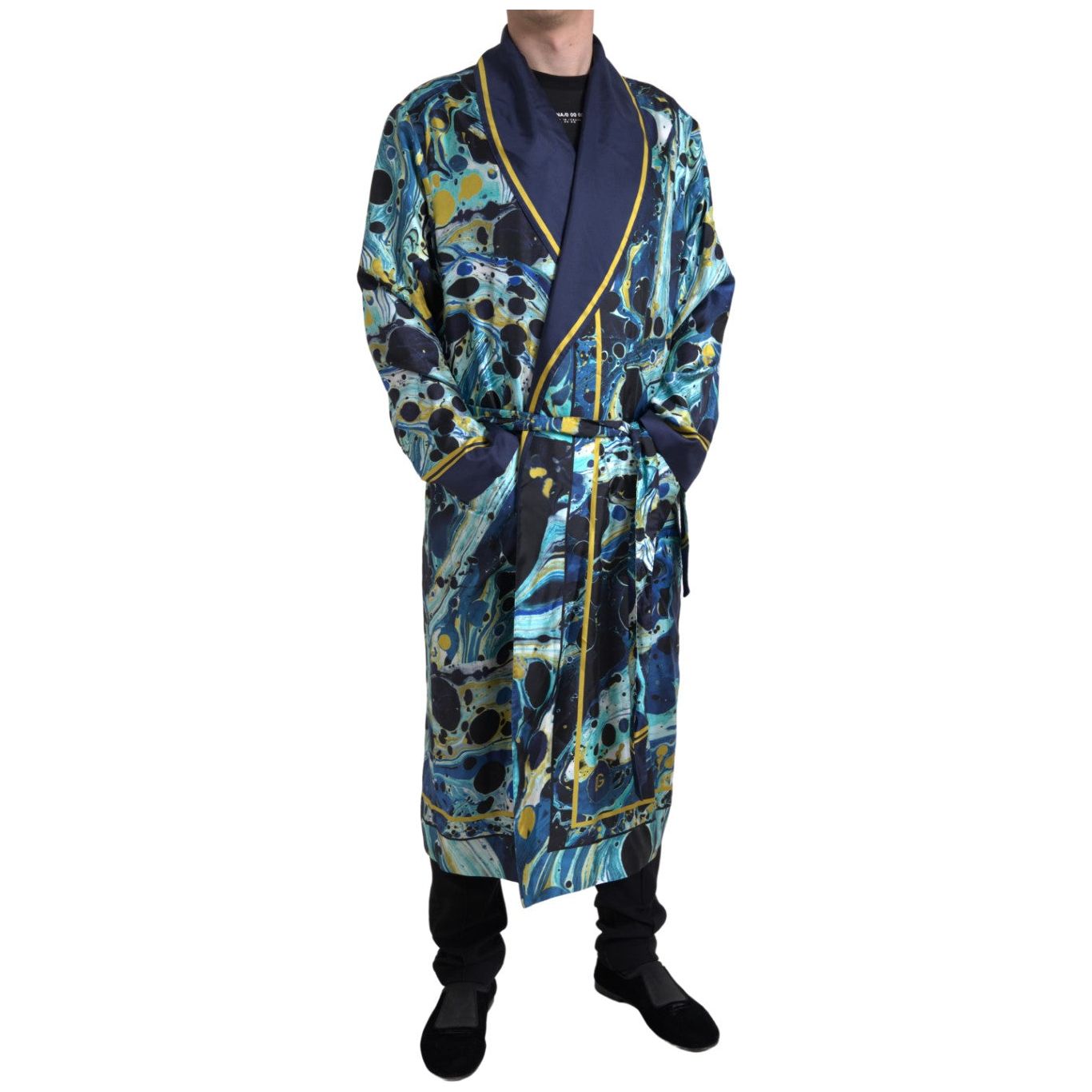 Dolce & Gabbana Marble Blue Silk Long Robe Luxury Sleepwear Dolce & Gabbana