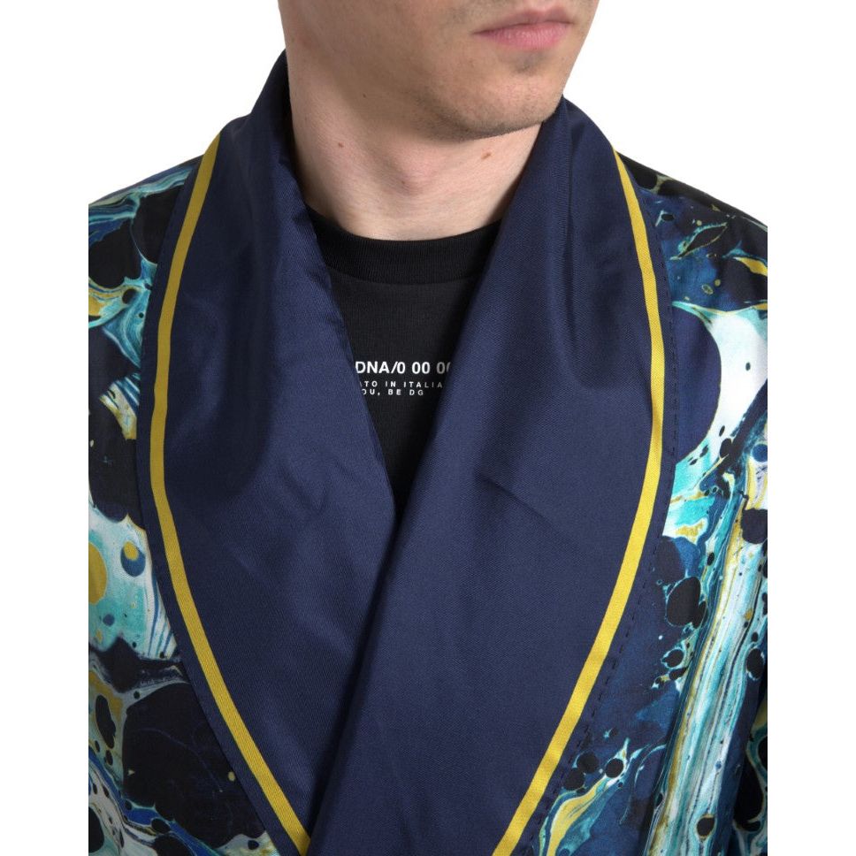 Dolce & Gabbana Marble Blue Silk Long Robe Luxury Sleepwear Dolce & Gabbana