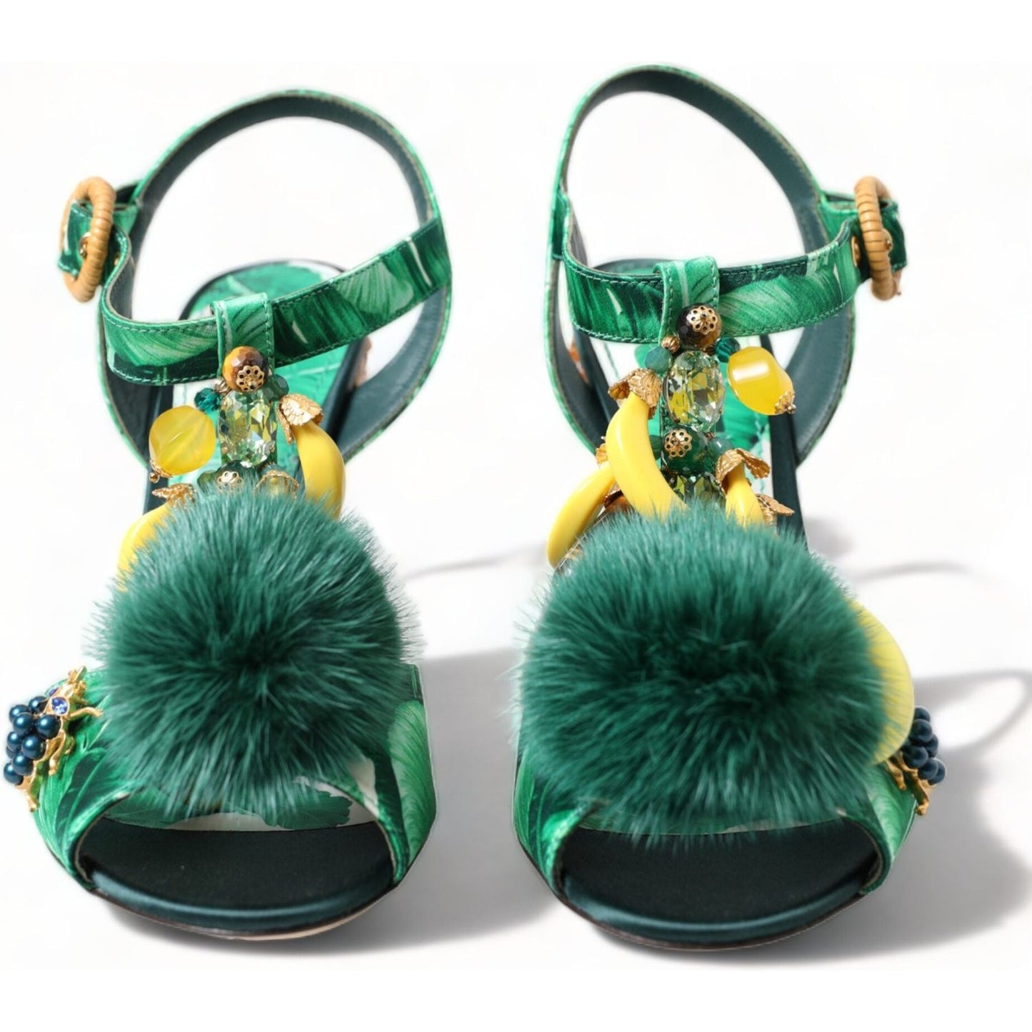 Dolce & Gabbana Green Crystal Mink Fur T-Strap Sandals Dolce & Gabbana