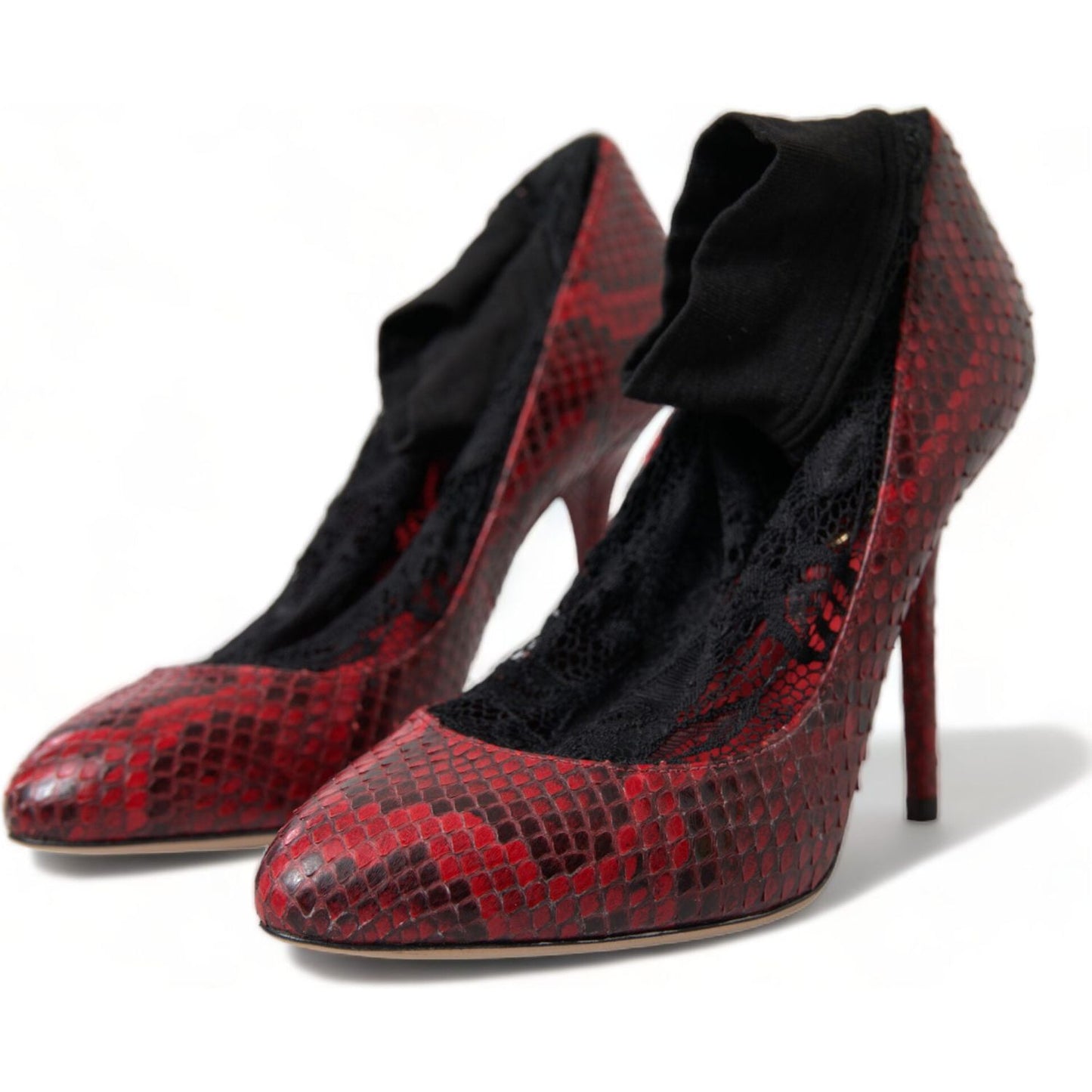 Dolce & Gabbana Red Almond Toe Snakeskin Pumps with Lace Socks Dolce & Gabbana