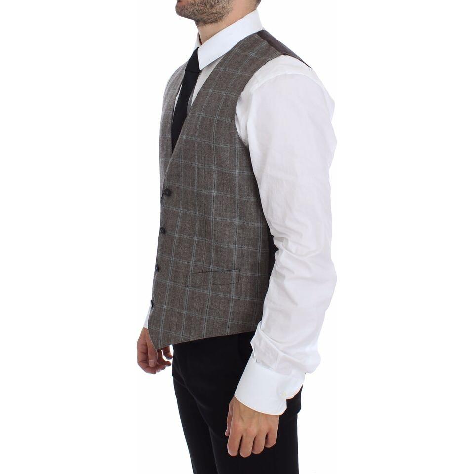 Dolce & Gabbana Elegant Brown Checkered Wool Dress Vest Dolce & Gabbana