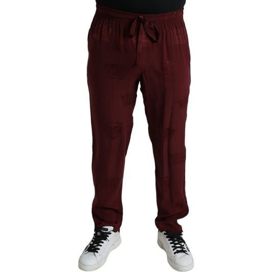 Dolce & Gabbana Elegant Maroon Silk Pajama Pants with Crown Motif Dolce & Gabbana