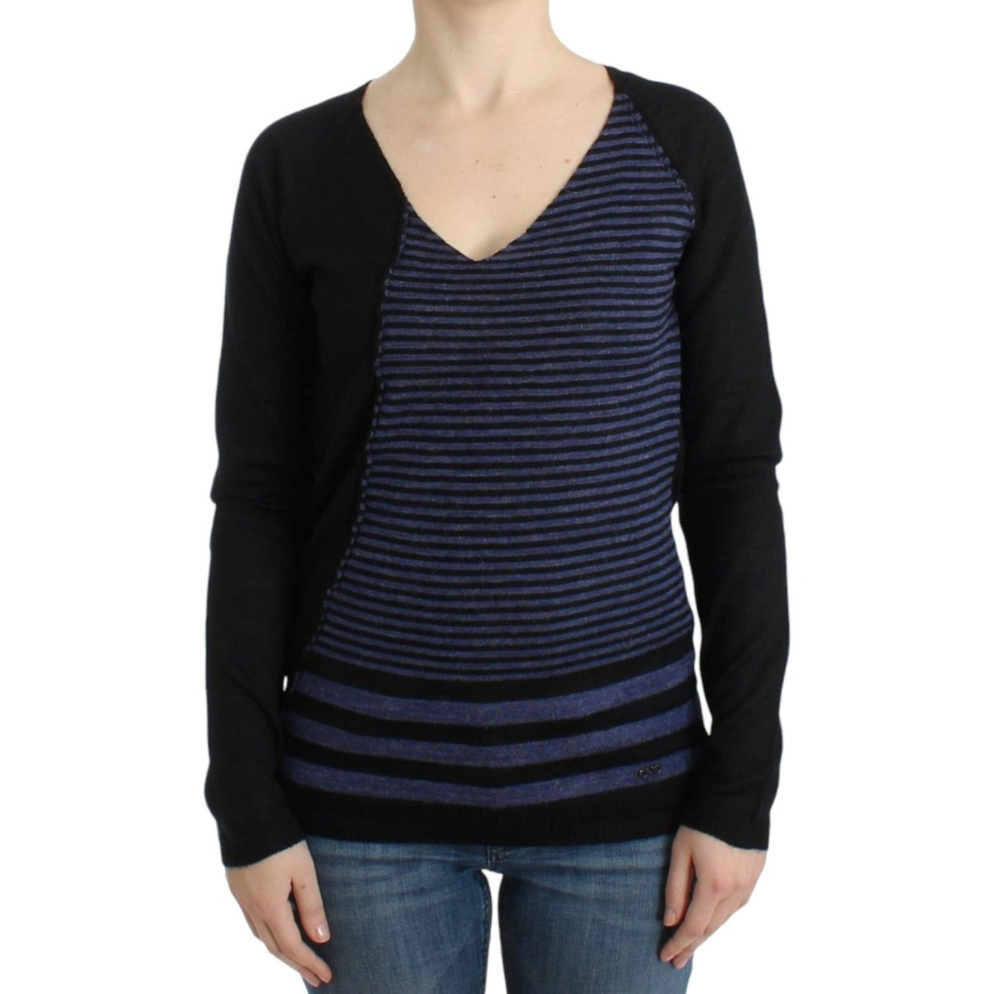 Costume National Chic Striped V-Neck Wool Blend Sweater Costume National