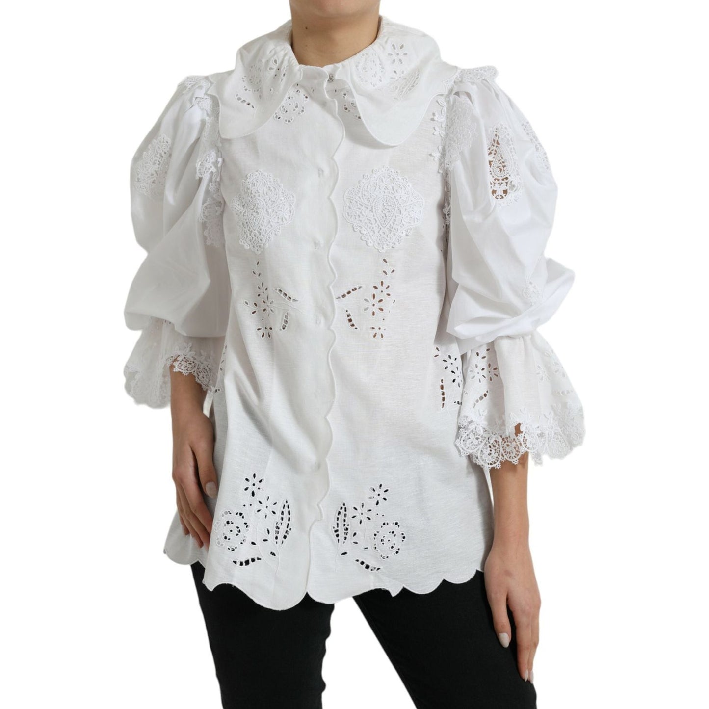 Dolce & Gabbana Elegant White Lace Trim Blouse Top Dolce & Gabbana