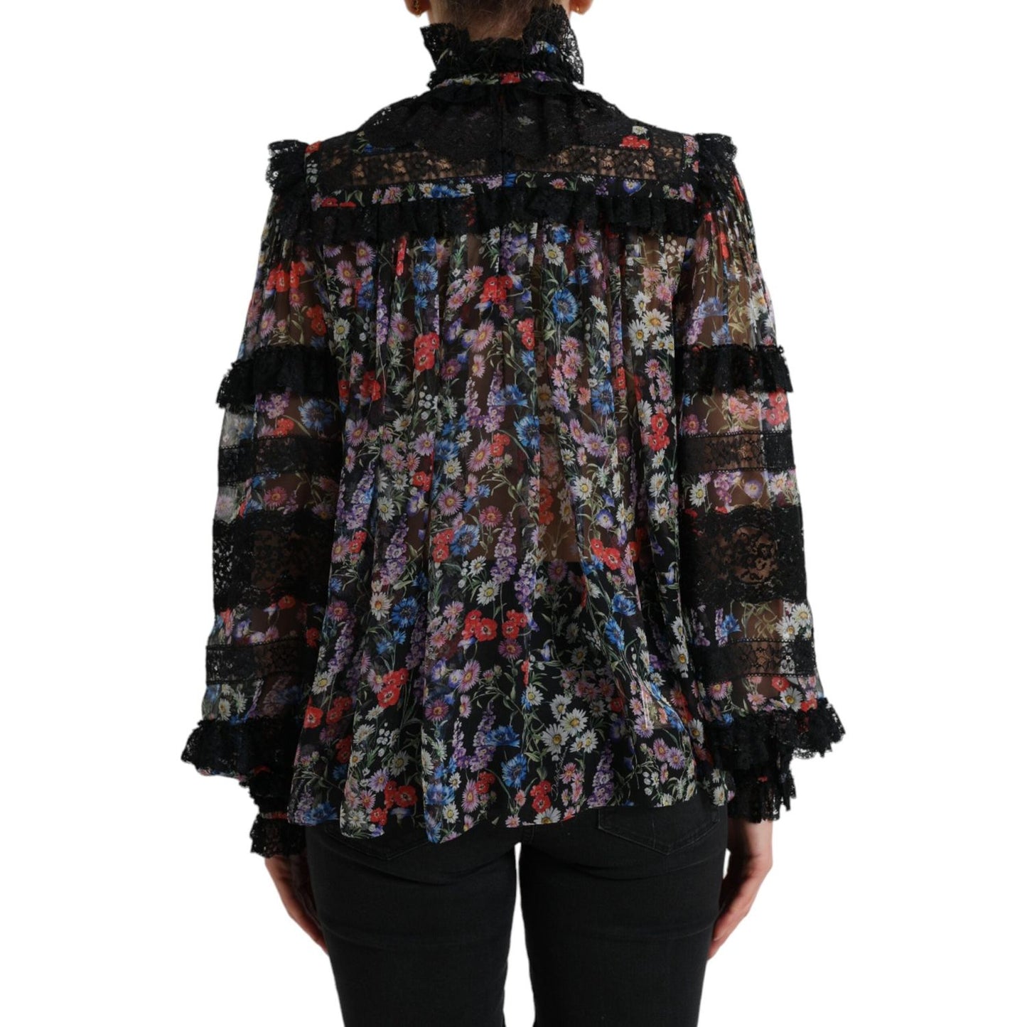 Dolce & Gabbana Elegant Floral Silk Blouse with Lace Trim Dolce & Gabbana