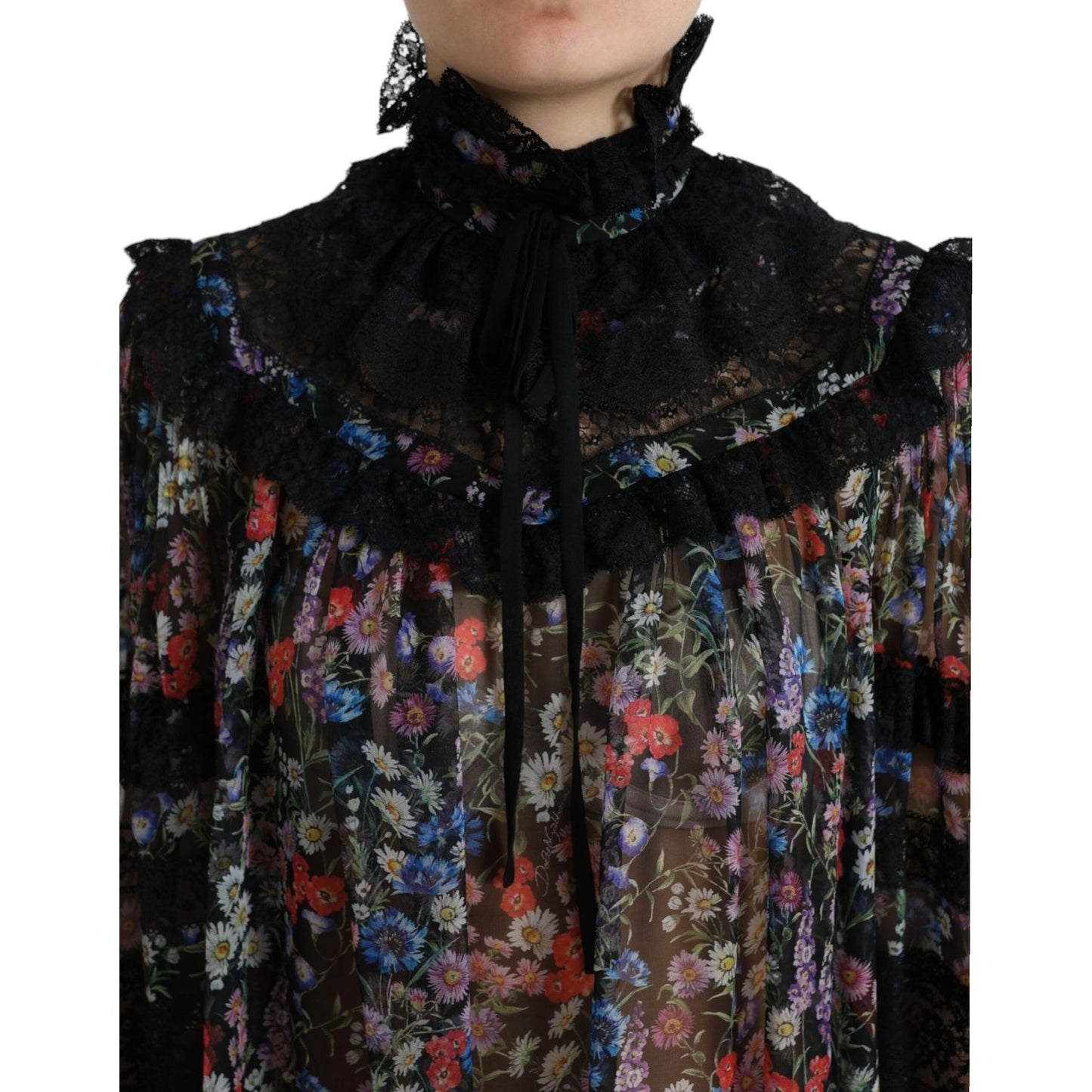 Dolce & Gabbana Elegant Floral Silk Blouse with Lace Trim Dolce & Gabbana